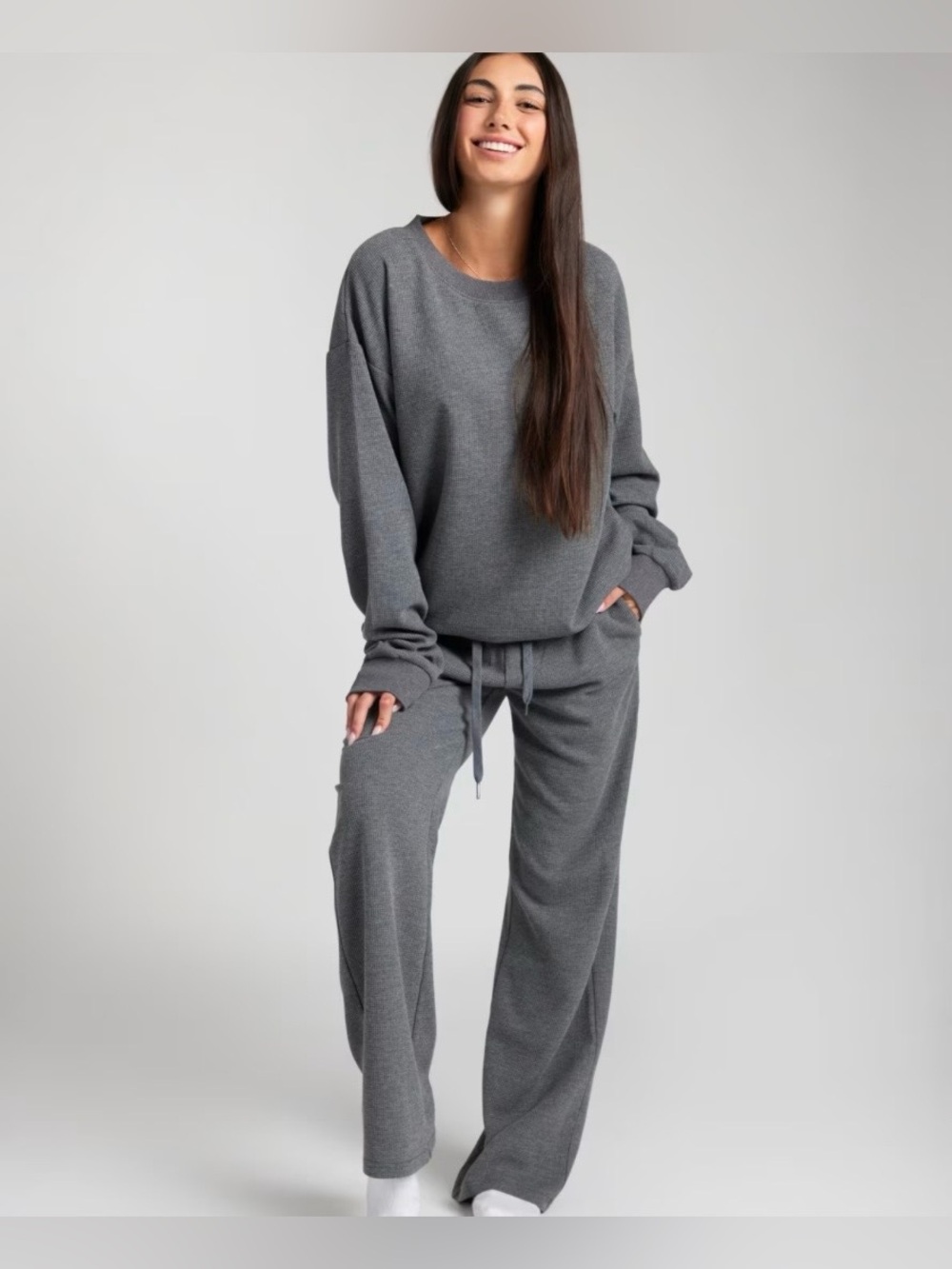 Comfrt Medium Heather Grey Waffle Lounge Long Sleeve Pullover Size XS